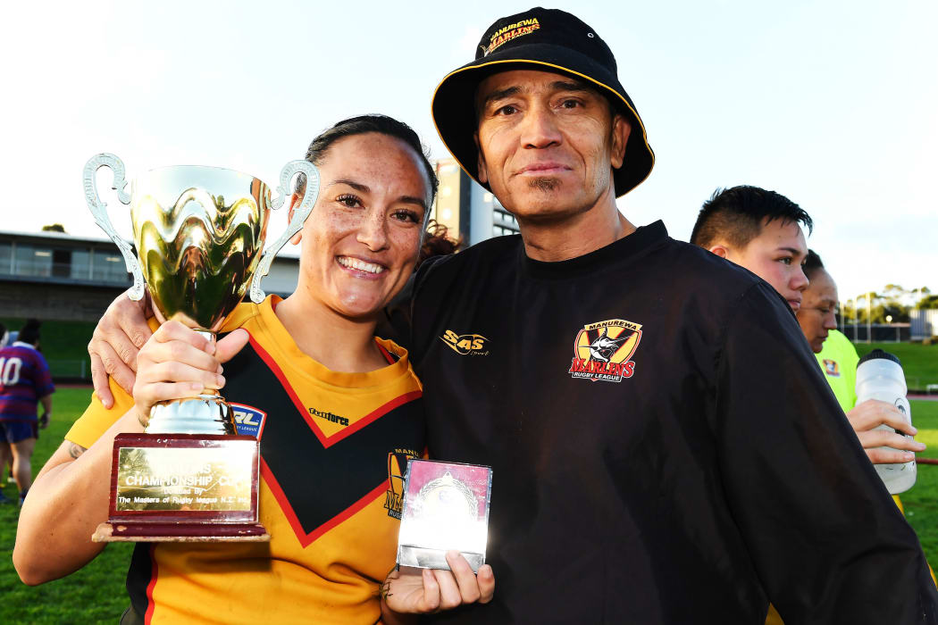 Rusty Matua with Kiwi Fern Krystal Rota after winning Auckland Rugby League's Women's Premiership final in 2018.