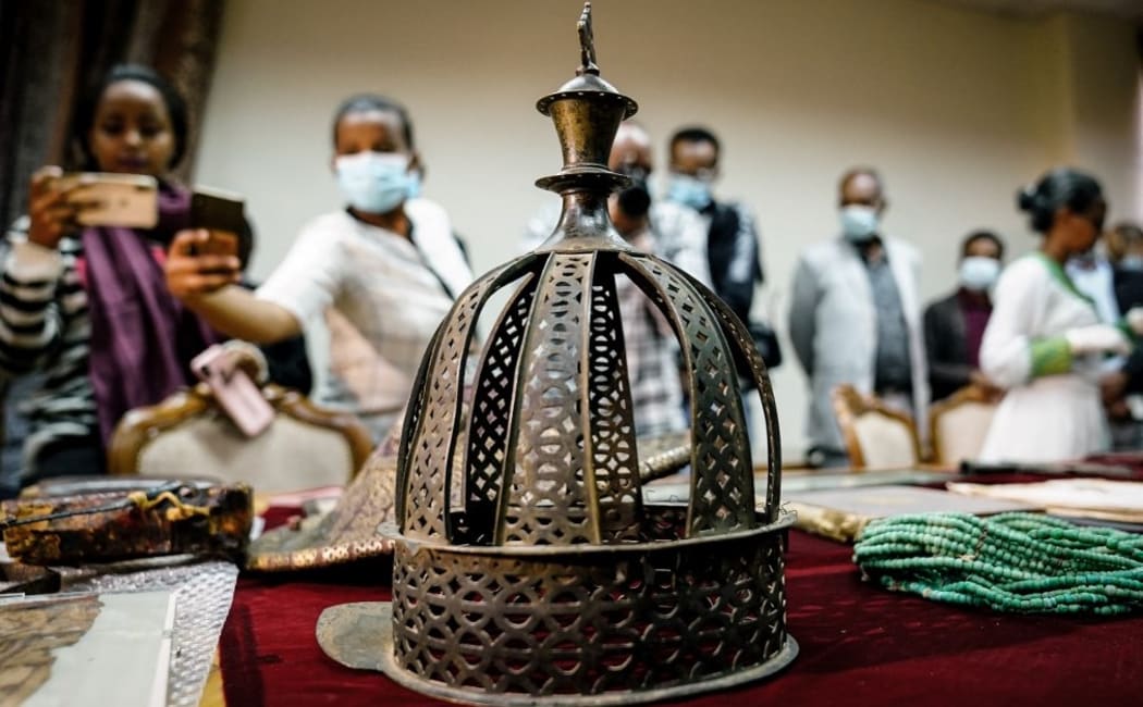 A recovered ceremonial crown is on display at the National Museum as Ethiopia hailed the return of precious artefacts looted by British soldiers more than 150 years ago in Addis Ababa, Ethiopia, on November 20, 2021, two months after they were formally handed over at a ceremony in London.