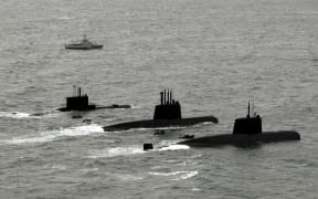 Submarines ARA San Juan, ARA Salta and ARA Santa Cruz upon arrival to Mar del Plata's Navy Base on June 13, 2014.