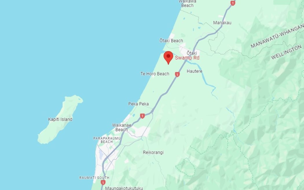 A Google maps screenshot showing the location of a storage shed fire near Te Horo Beach, north of Wellington.