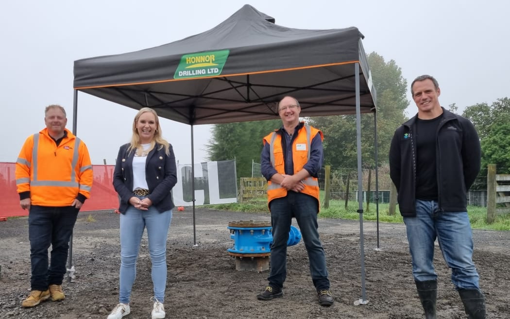 Michael Job from SCL Civil Works, Napier Mayor Kirsten Wise, AJ Macdonald from Honnor Drilling and Napier City Council water strategy planning lead Lance Groves at the blessing of a water bored in April.