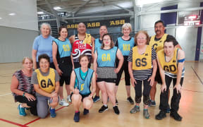 Lesley Haiselden (back far left), Tessa Haanen (front middle, GA bib), and Shirley-Anne Thomson (front, GS bib) and RNZ reporter Bridget Tunnicliffe (front middle, C bib)