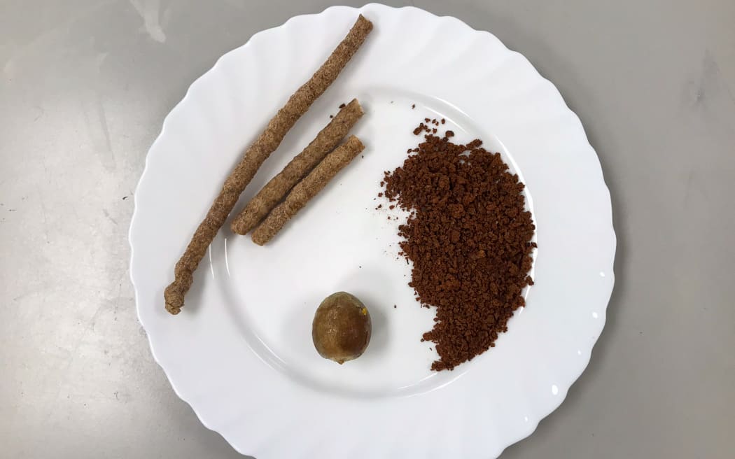 A shot looking straight down onto a white plate which has an avocado seed, a coarse brown powder that looks like coffee grounds, and three twiggy-looking round wafer sticks on it.