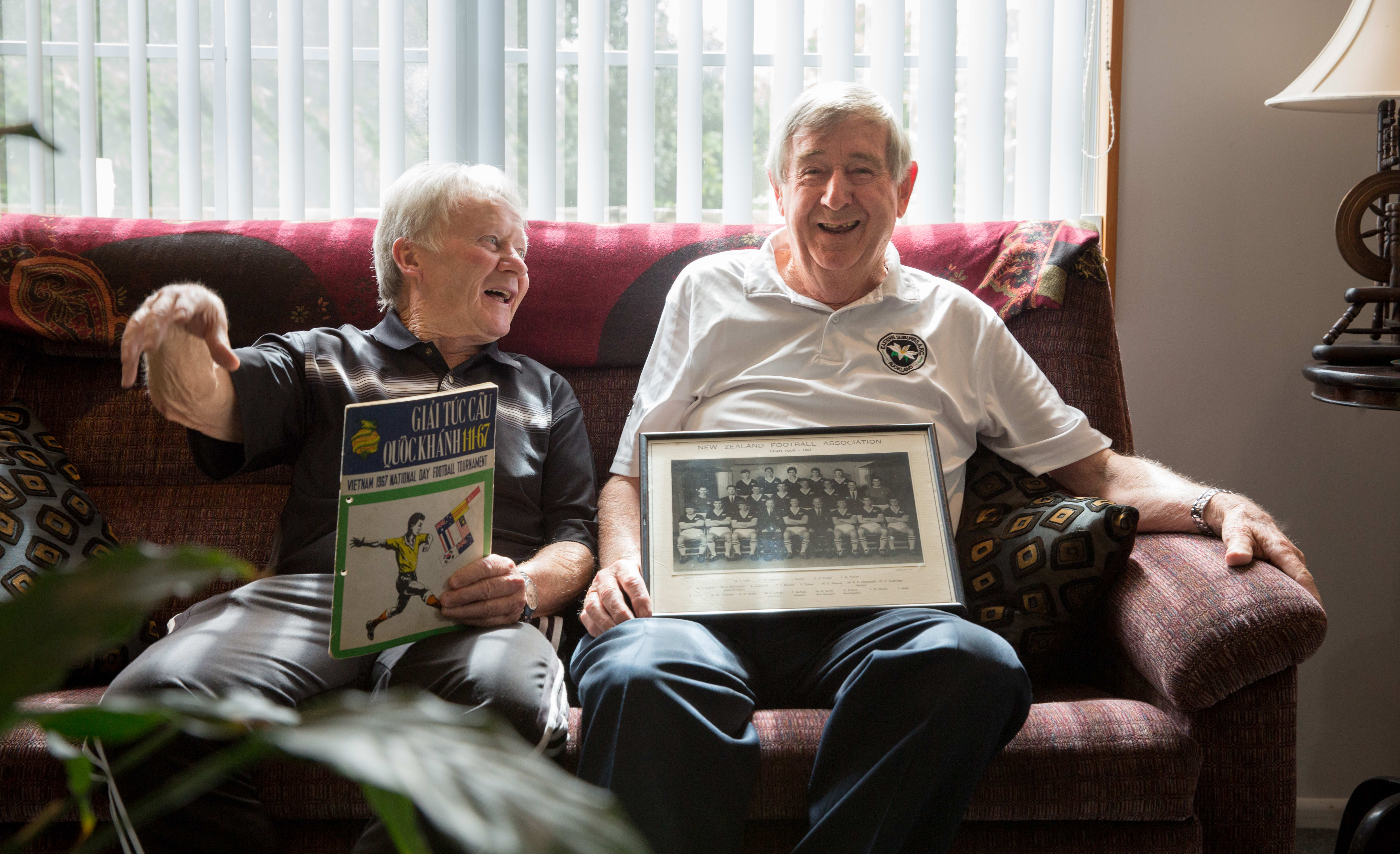 Ray Mears (left) and Paul Rennell (right) were team mates in the New Zealand soccer team that played Vietnam in 1967.