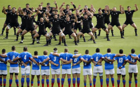 The All Blacks perform the haka before the Japan 2019 Rugby World Cup Pool B match between New Zealand and Namibia.
