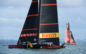 Team New Zealand foil past Luna Rossa  who are off their foils in Race 8, America's Cup 2021.