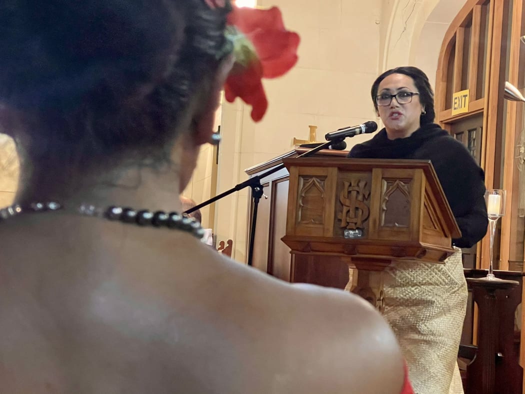 Phylesha Brown-Acton speaks at an event to mark the death of LGBTQIA+ activist Polikalepo "Poli" Kefu.