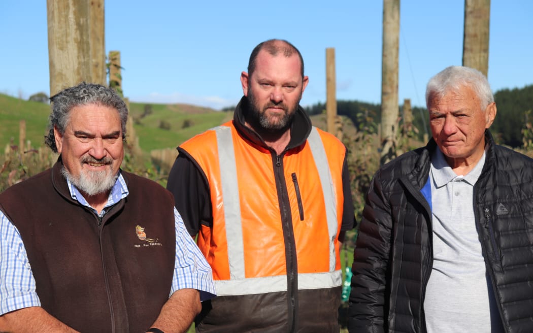 From left: Ngāti Pāhuwera Development Trust chief executive Robin Hape, orchard manager Ben McNatty and chairman Toro Waaka