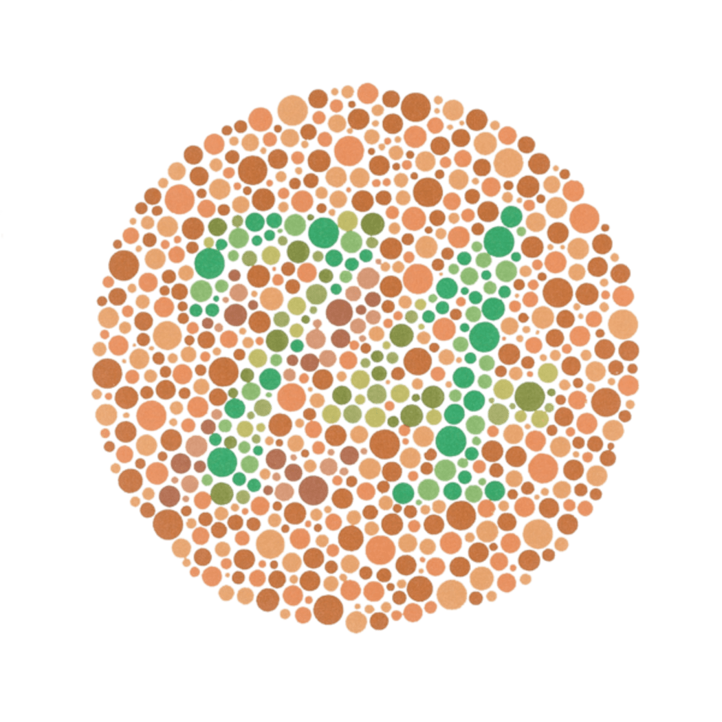 An Ishihara colour plate. The numeral "74" should be clearly visible to viewers with normal color vision.