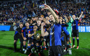 Auckland FC celebrate winning the minor premiership.