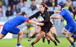 Stacey Fluhler in action for New Zealand in the Black Ferns v France Rugby World Cup semi final match at Eden Park.