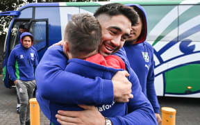 Shaun Johnson and Mark 'Mahi Man' Dekker. 
Vodafone Warriors powhiri welcome at Mt Smart Stadium Auckland, New Zealand on Tuesday 28 June 2022 ahead of the first Warriors home match on Sunday against the Tigers © Copyright photo: Andrew Cornaga / www.photosport.nz