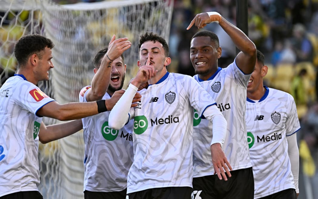 Luis Toomey of Auckland celebrates after scoring a goal during the A-League