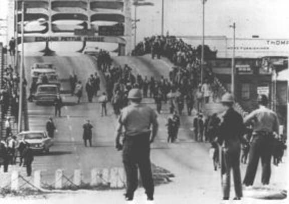Police turn around marchers on Tuesday, March 9, 1965.