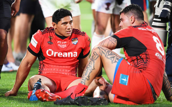 Jason Taumalolo and Andrew Fifita at the end of the narrow 20-18 loss to England.