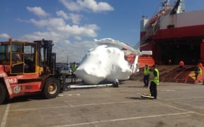 One of the new Seasprite helicopters arriving at Ports of Auckland on Thursday.
