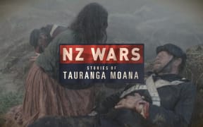 A woman administers battlefield aid to a fallen 19th century British soldier. Text reads "NZ Wars, Stories of Tauranga Moana"