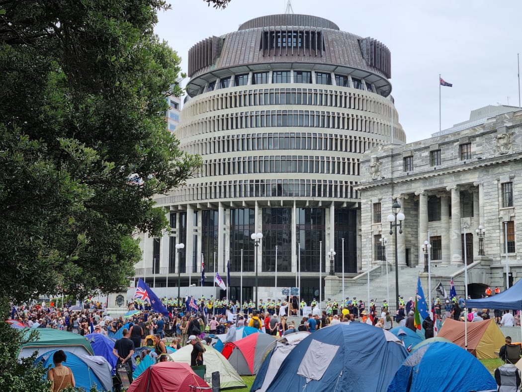The scene from the front lawn of Parliament. The media are no longer allowed on the grounds.