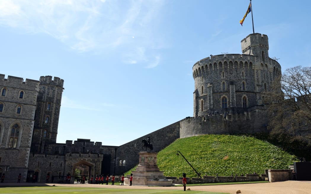 Guardsmen take part in the funeral ceremony of Britain's Prince Philip, Duke of Edinburgh to St George's Chapel in Windsor Castle in Windsor, west of London, on April 17, 2021. -