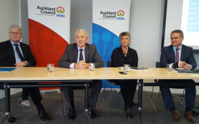 (from left) Martin Smith from Watercare, Mayor Phil Goff, Councillor Penny Hulse and Council chief operating officer Dean Kimpton at today's announcement of the plans.