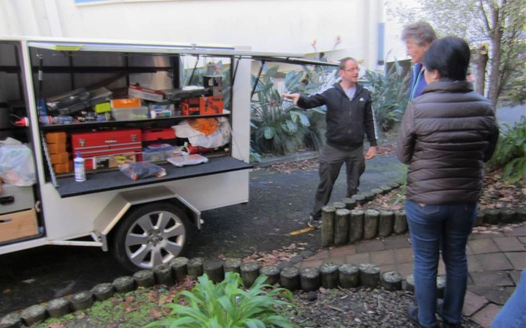 Andrew Walters in action with the Repair Cafe Trailer before the theft