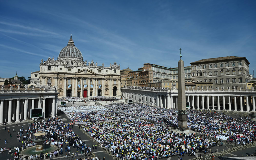 A general view shows Pope Francis leading a canonisation mass at St. Peter's Square in The Vatican on May 15, 2022.