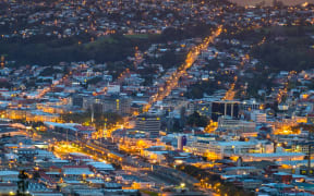 Beautiful cityscape after sunset. Nightlight. Dunedin, New Zealand.