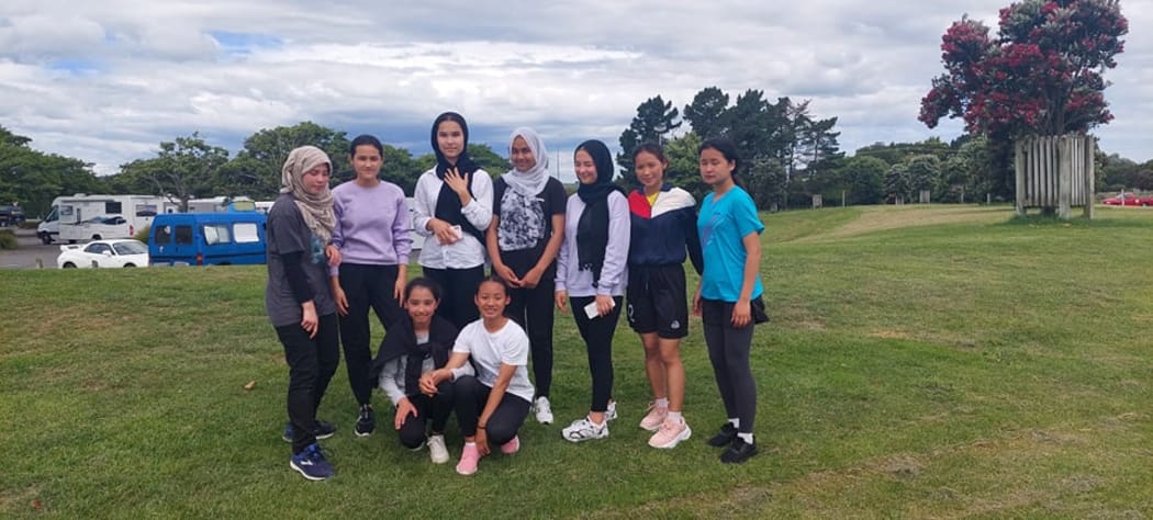 Young female refugees from Palmerston North participated in Volleyball Manawatu's girls-only event in Whanganui recently.
Back row: Banin Jawad far left; Nasreen Muhammadi 3rd from left; Frishta Hassani 3rd from right