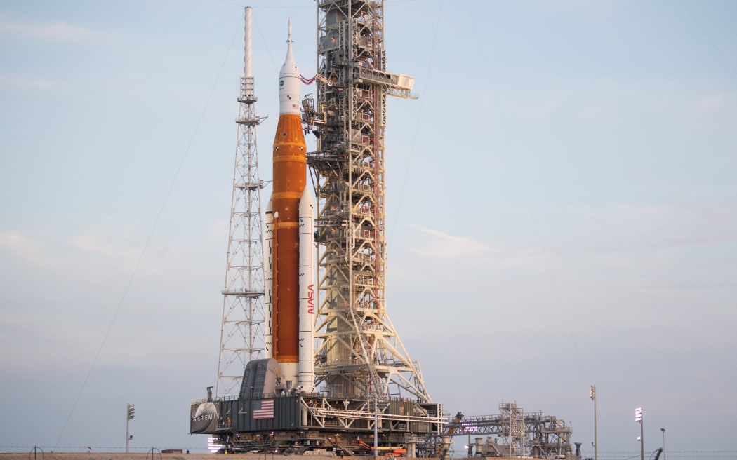 NASA’s Space Launch System (SLS) rocket with the Orion spacecraft aboard on the mobile launcher as it is rolled up the ramp at Launch Pad 39B at the Kennedy Space Centre in Florida.
