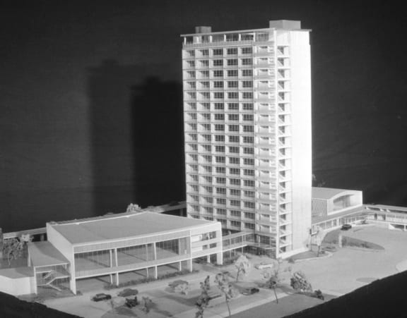 The original 1956 model of the Civic Administration Building design.The annexes on either side were never built.