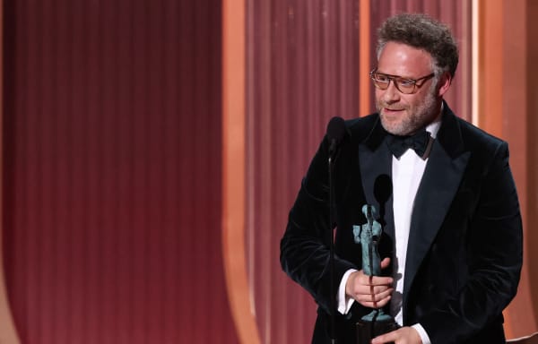 Canadian-US actor Seth Rogen accepts the award for Outstanding Performance by a Male Actor in a Comedy Series for "The Studio" during the 32nd Annual Actor Awards at the Shrine Auditorium in Los Angeles on March 1, 2026. (Photo by VALERIE MACON / AFP)