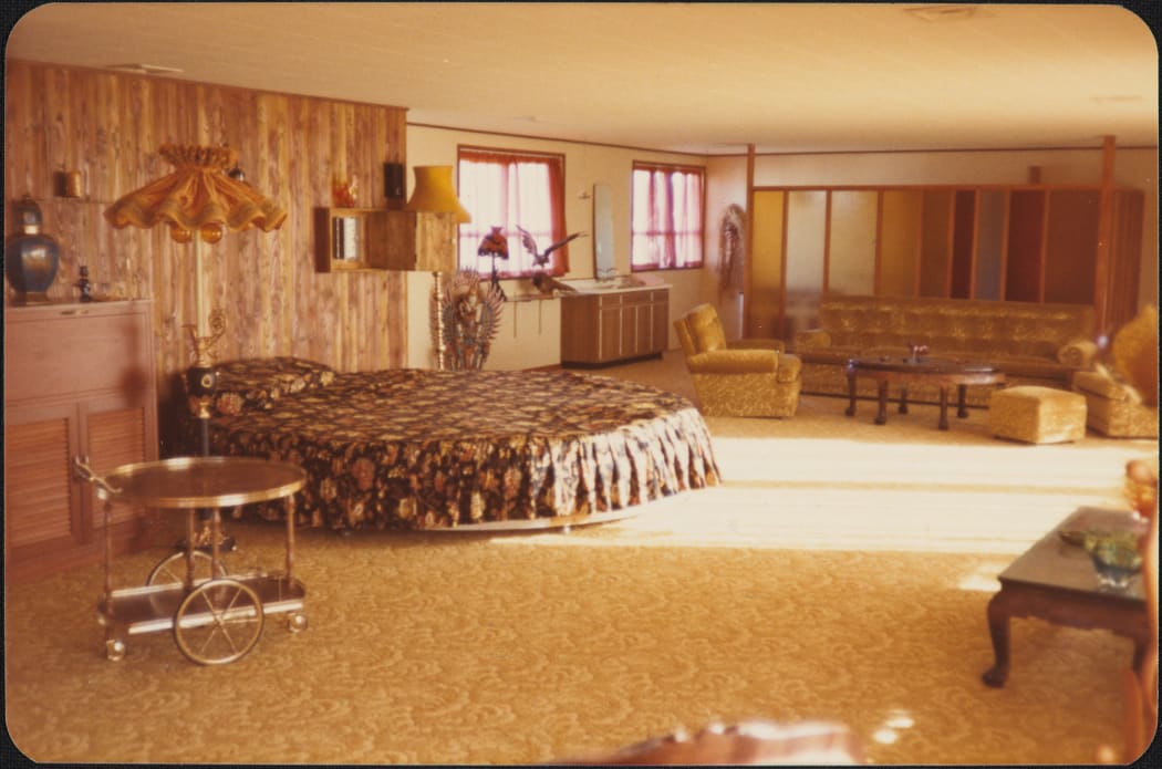 The top floor of Flora McKenzie's premises at 19 Ring Terrace, Ponsonby. In the centre was a 12 foot diameter rotating musical bed. After Flora's death in 1982 it fetched $925 at auction despite the electric motor not working.