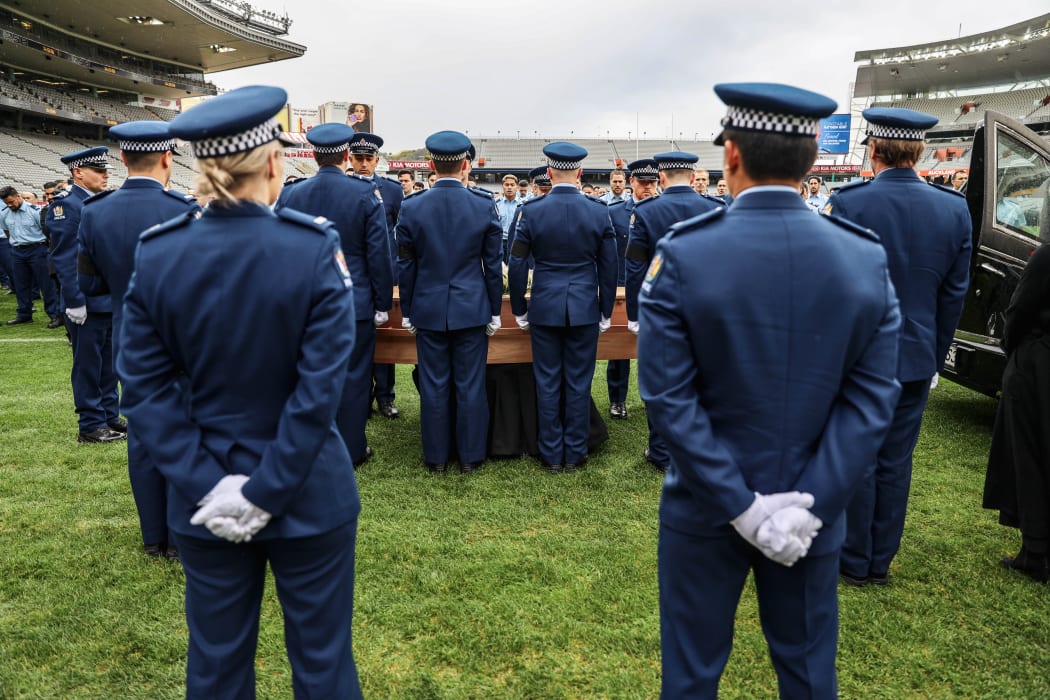 Police colleagues farewell Constable Matthew Hunt at the funeral at Mt Eden Stadium on 9 July, 2020.