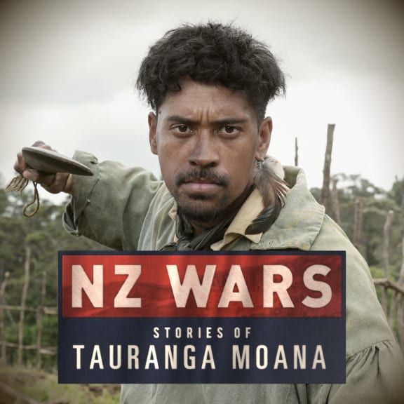 A Māori warrior in 19th century clothing stares defiantly while holding up a patu. Text reads "NZ Wars, Stories of Tauranga Moana"