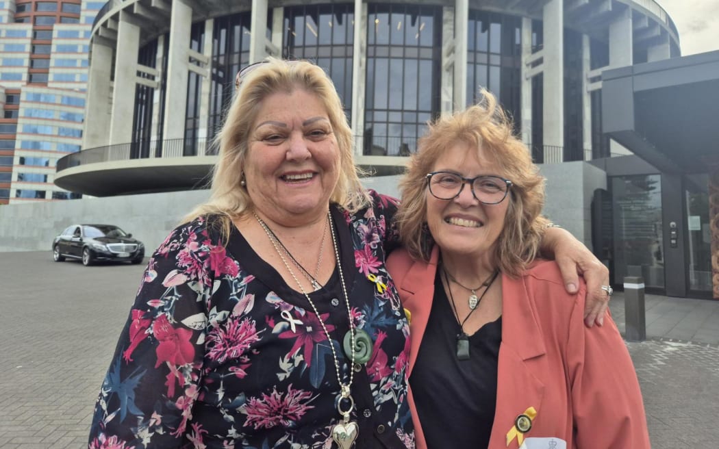 Sonya Rockhouse (left) and Anna Osborne outside Parliament after their meeting with Workplace Safety Minster Brooke van Velden.