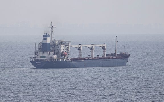 Sierra Leone-flagged dry cargo ship Razoni departs from port of Odesa in Odessa, Ukraine on 1 August, 2022 as part of a recent grain export deal signed between Turkiye, the UN, Russia, and Ukraine and expected to reach Istanbul tomorrow.