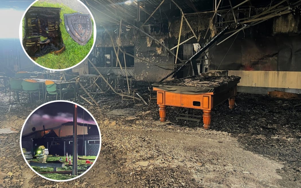 Image of burnt out interiors of  the Whakarewarewa rugby clubrooms, including pool table with inserts of  damaged  prized Tai Mitchell Shield and the Rotorua Rugby Sub Union Senior Championship Banner.