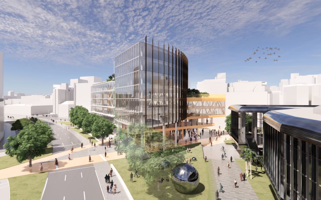 The new building and landscaping would  
 mean development of about 15,000sqm of mixed-use space to replace the Michael Fowler Centre carpark. Artist's impression.