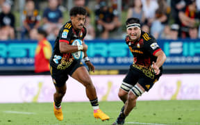 Chiefs winger Emoni Narawa and Chiefs No. 8 Luke Jacobson.