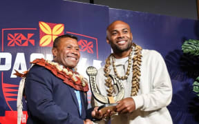 The 'Waisale Serevi Pasifika Breakthrough Player of the Year' award was given to All Black and Auckland Blues winger Mark Telea, right.