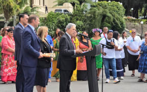 New Zealand First leader Winston Peters addressing a Pacific crowd on the steps of parliament. Peters received a petition from former National MP Anae Arthur Anae calling for visas on arrival for Pacific nationals. 10 February 2026