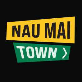 The title of the programme “Nau Mai Town” in the style of iconic New Zealand road signs