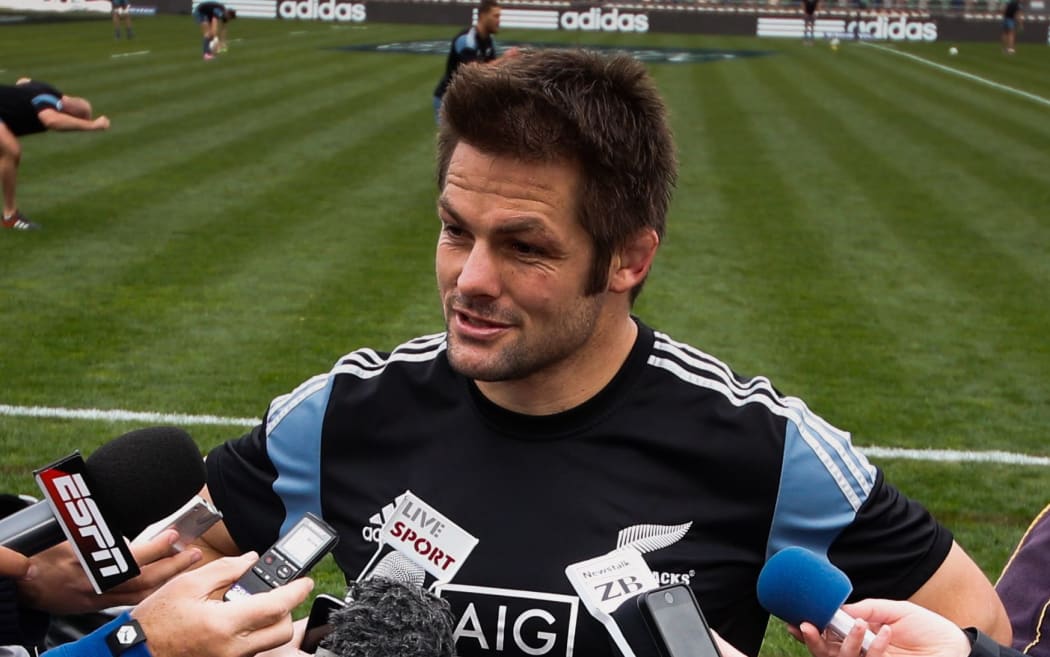 Richie McCaw talks to media at McLean Park, 2014.