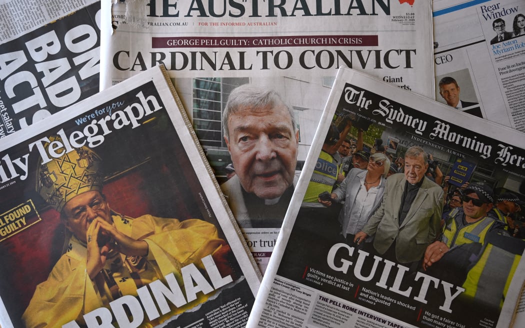 This photo illustration shows the front pages of Australia's major newspapers reporting the conviction of Cardinal George Pell in Sydney on February 27, 2019, after suppression orders were lifted.