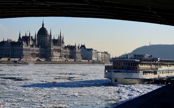 Ice floats in the water of the River Danube in Budapest on 8 January 2017, when extreme winter temperature set a new record in the capital with -18.6°C.