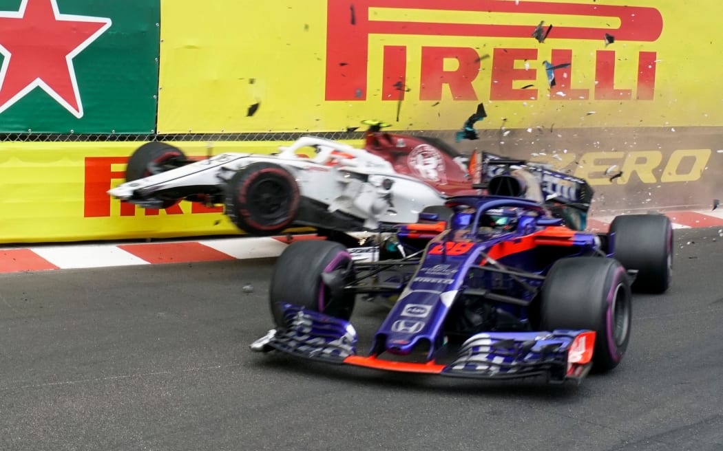 Brendon Hartley hit by Charles LeClerc at 2018 Monaco Grand Prix.