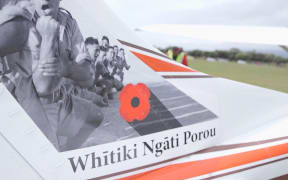 Chris Hoffman's Cessna displaying the names of Māori Battalion soldiers.