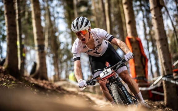 Anton Cooper, in his national champion jersey, in action at the opening round of the UCI Mercedes-Benz Mountain Bike World Cup in Albstadt, Germany.