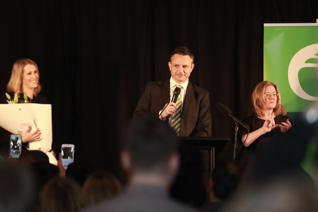 Green party leader James Shaw delivers a speech to the party's supporters on election night, 23 September 2017.