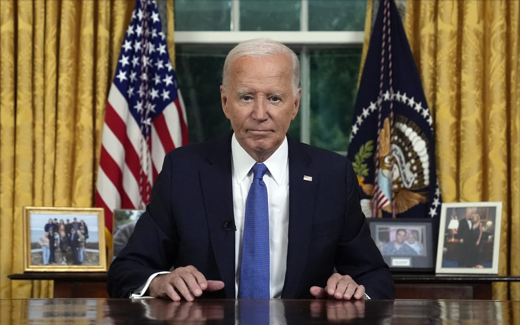 WASHINGTON, DC - JULY 24: U.S. President Joe Biden concludes his address to the nation from the Oval Office of the White House on July 24, 2024 in Washington, DC. The president addressed reasons for abruptly ending his run for a second term after initially rejecting calls from some top Democrats to do so, and outlined what he hopes to accomplish in his remaining months in office.   Evan Vucci-Pool/Getty Images/AFP (Photo by POOL / GETTY IMAGES NORTH AMERICA / Getty Images via AFP)